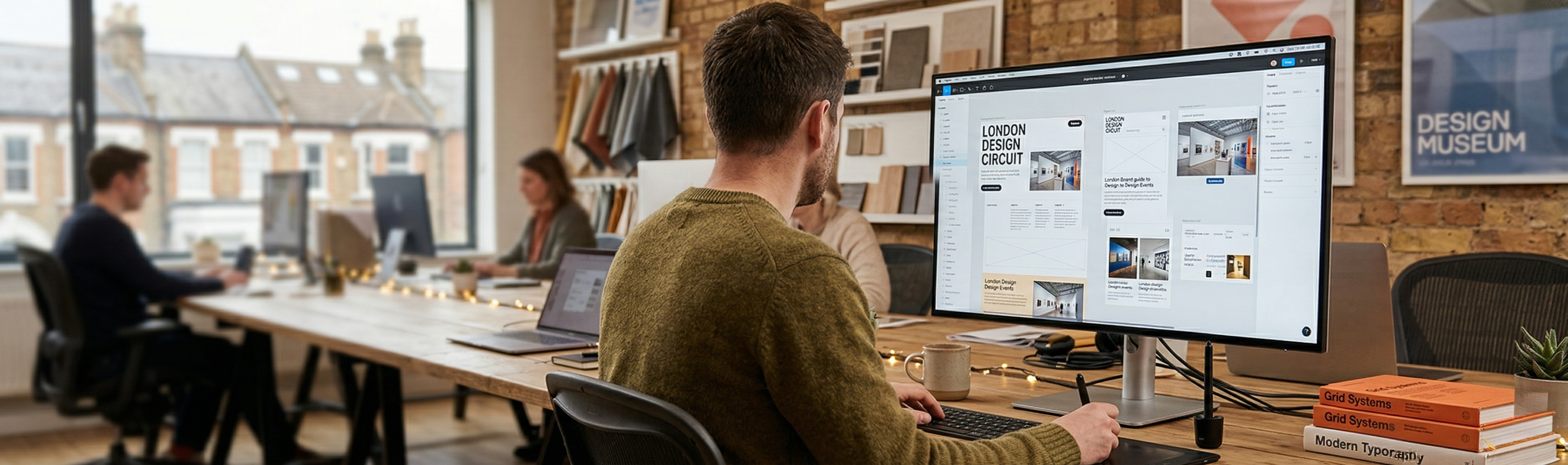 Creative agency studio with design work on screens