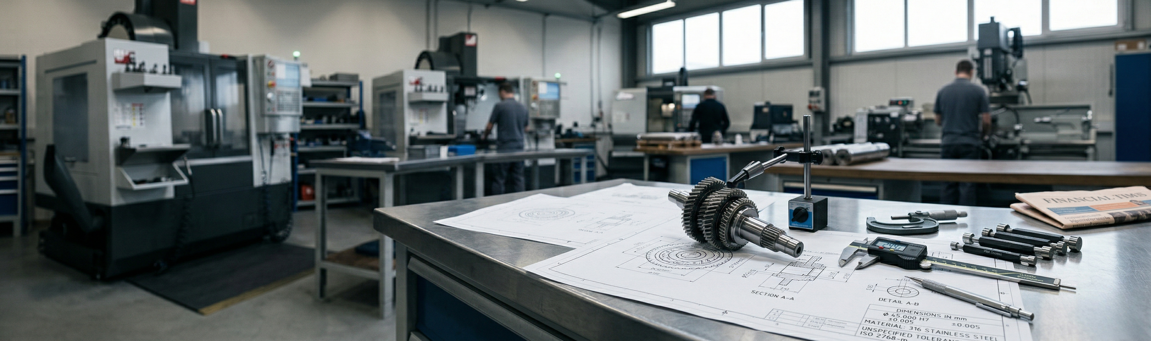 Engineer reviewing technical drawings at a workbench